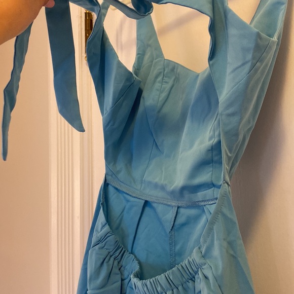 Bow Tie Open Back Blue Summer Romper - Picture 9 of 10